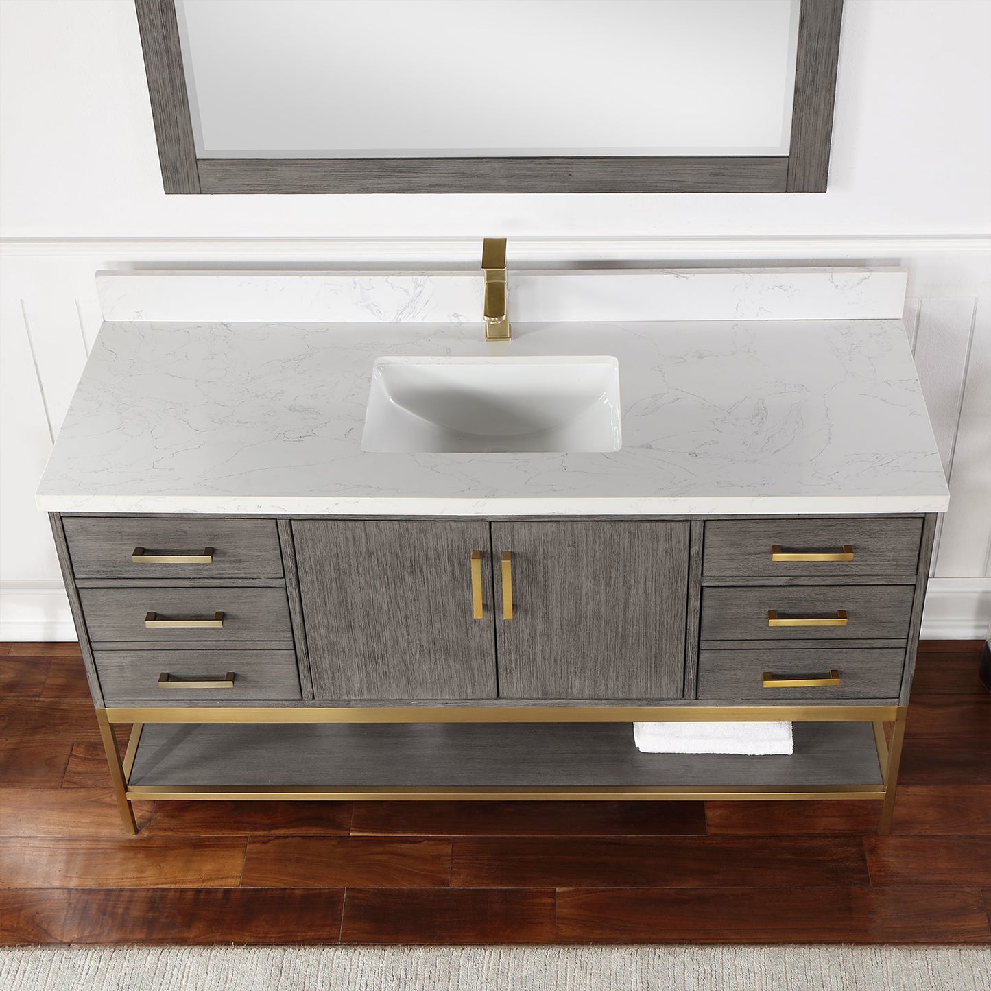 Wildy 60" Single Bathroom Vanity Set in Classical Grey with Grain White Engineered Stone Countertop with Mirror