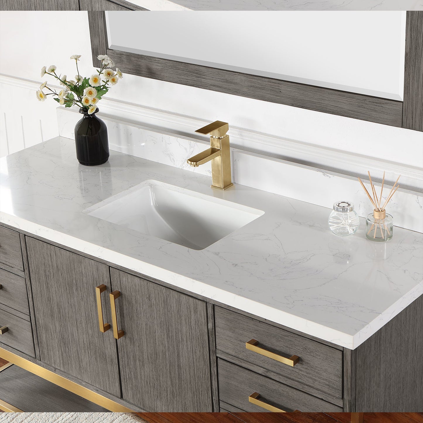 Wildy 60" Single Bathroom Vanity Set in Classical Grey with Grain White Engineered Stone Countertop with Mirror