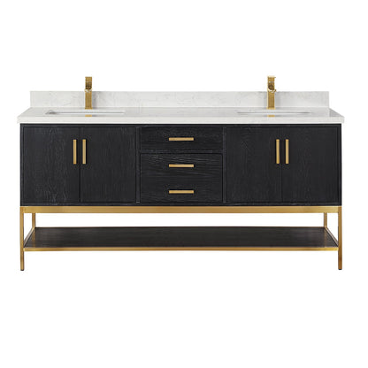 Wildy 72" Double Bathroom Vanity Set in Black Oak with Grain White Engineered Stone Countertop without Mirror