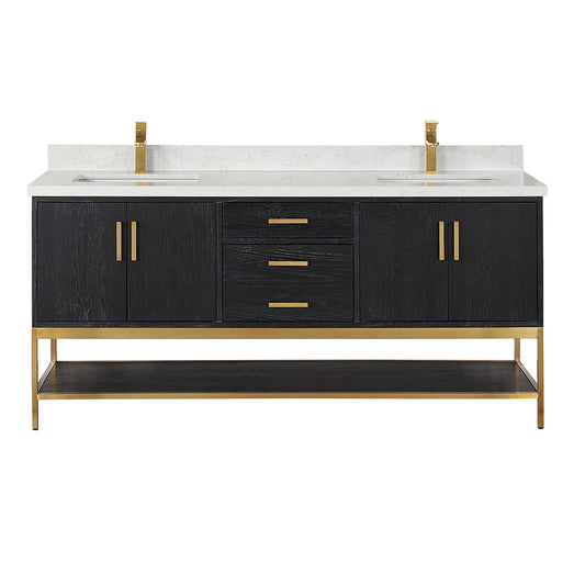 Wildy 72" Double Bathroom Vanity Set in Black Oak with Grain White Engineered Stone Countertop without Mirror