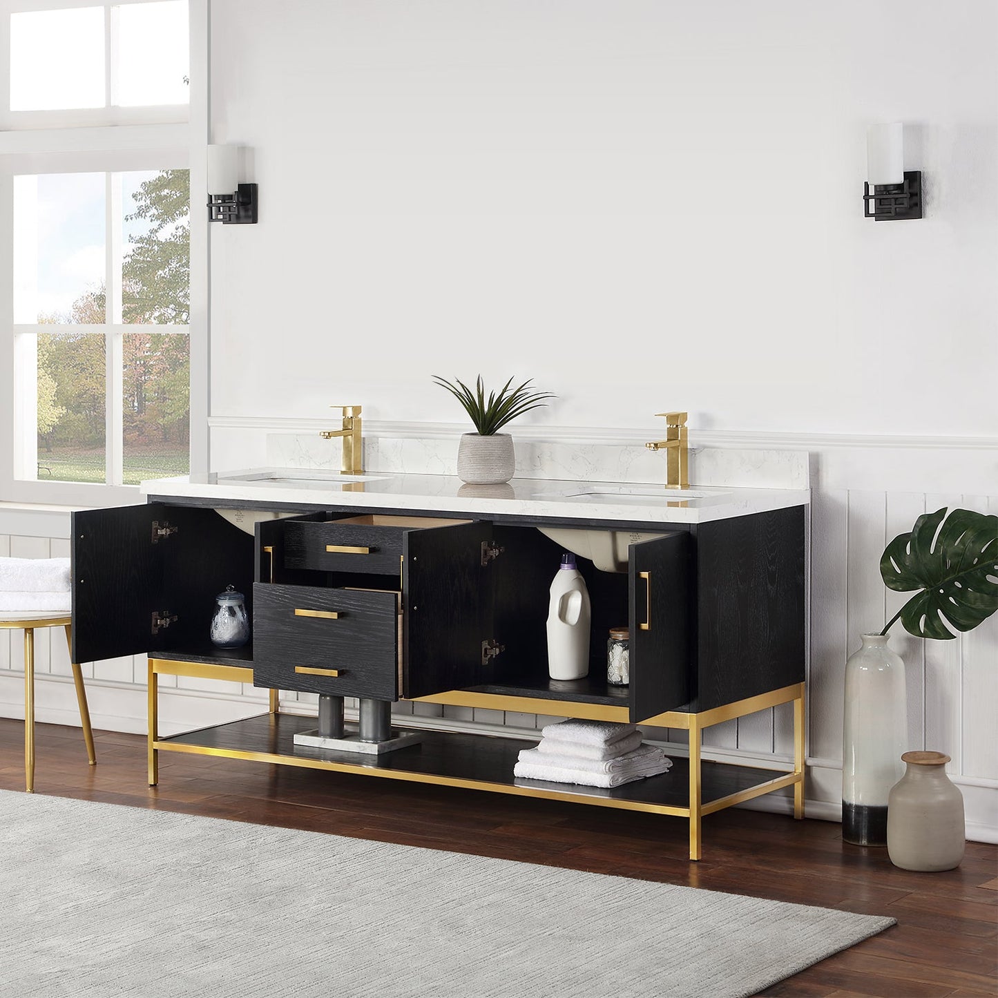 Wildy 72" Double Bathroom Vanity Set in Black Oak with Grain White Engineered Stone Countertop without Mirror
