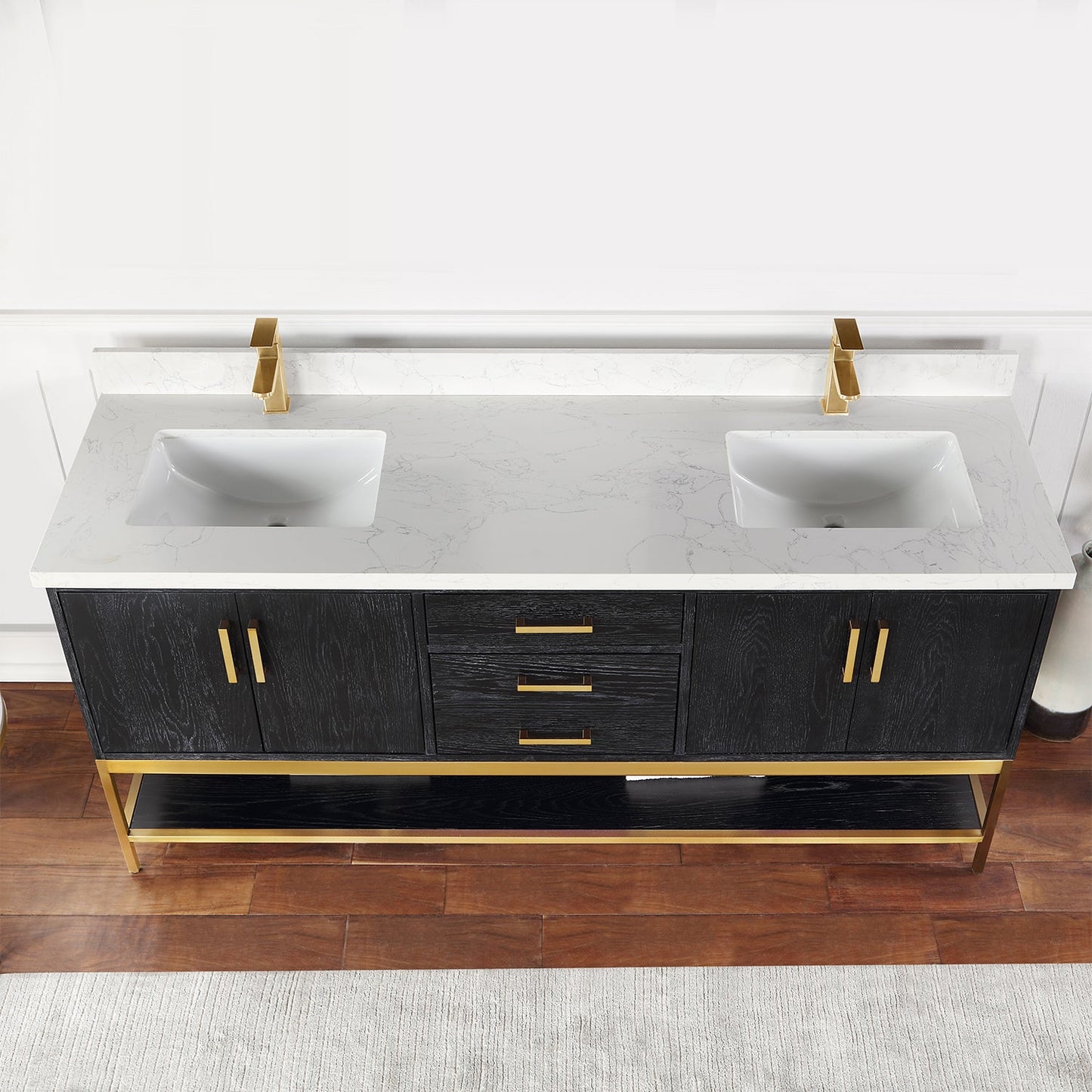 Wildy 72" Double Bathroom Vanity Set in Black Oak with Grain White Engineered Stone Countertop without Mirror
