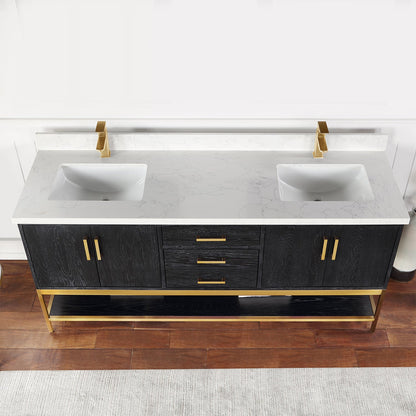 Wildy 72" Double Bathroom Vanity Set in Black Oak with Grain White Engineered Stone Countertop without Mirror