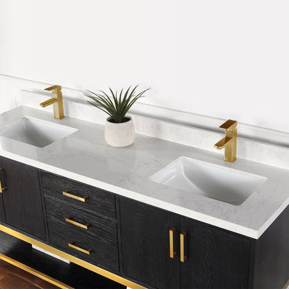 Wildy 72" Double Bathroom Vanity Set in Black Oak with Grain White Engineered Stone Countertop without Mirror