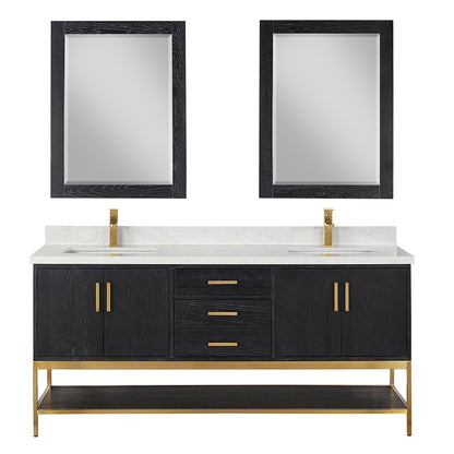 Wildy 72" Double Bathroom Vanity Set in Black Oak with Grain White Engineered Stone Countertop with Mirror