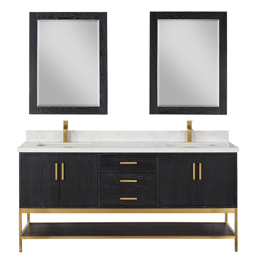 Wildy 72" Double Bathroom Vanity Set in Black Oak with Grain White Engineered Stone Countertop with Mirror