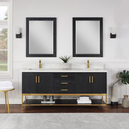Wildy 72" Double Bathroom Vanity Set in Black Oak with Grain White Engineered Stone Countertop with Mirror