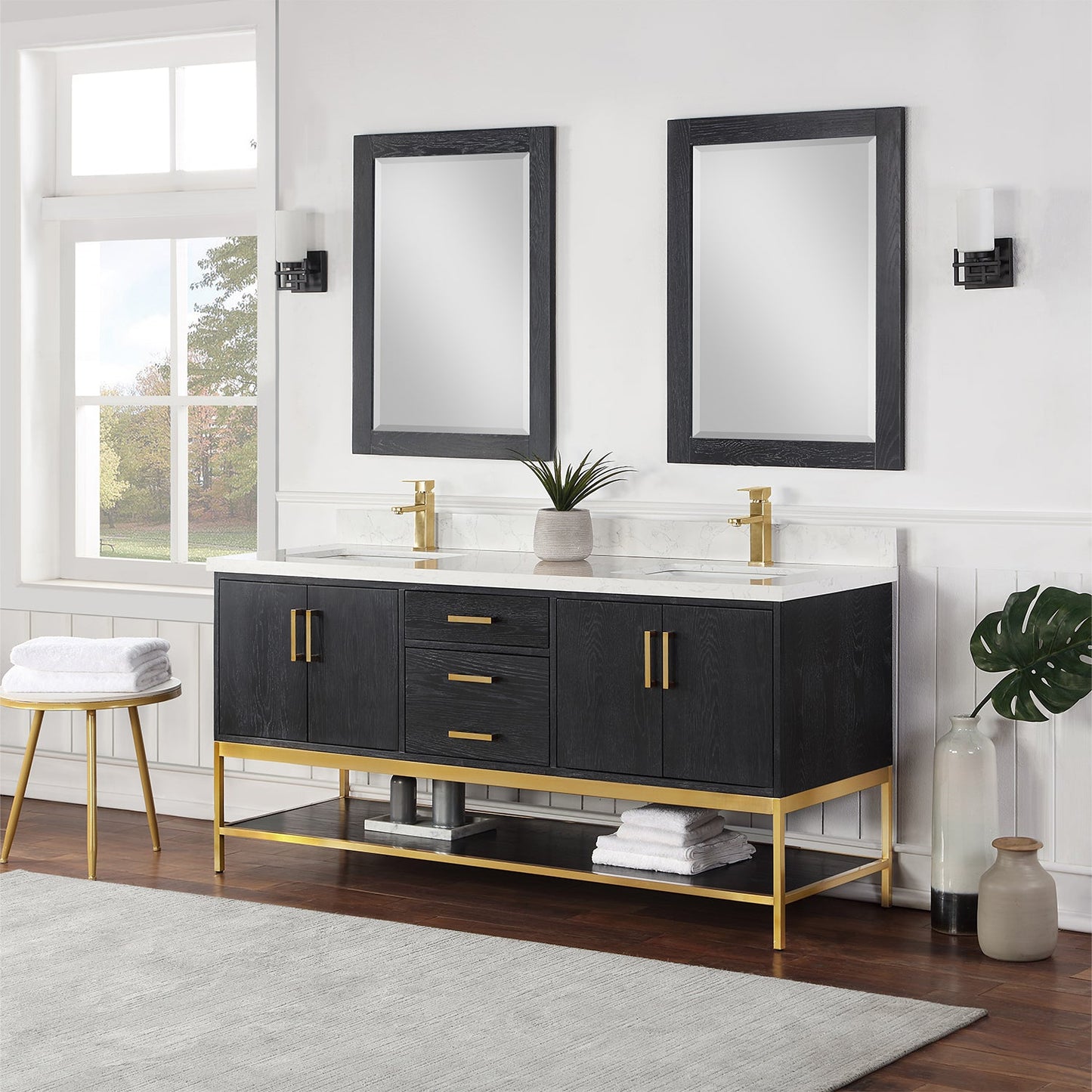 Wildy 72" Double Bathroom Vanity Set in Black Oak with Grain White Engineered Stone Countertop with Mirror