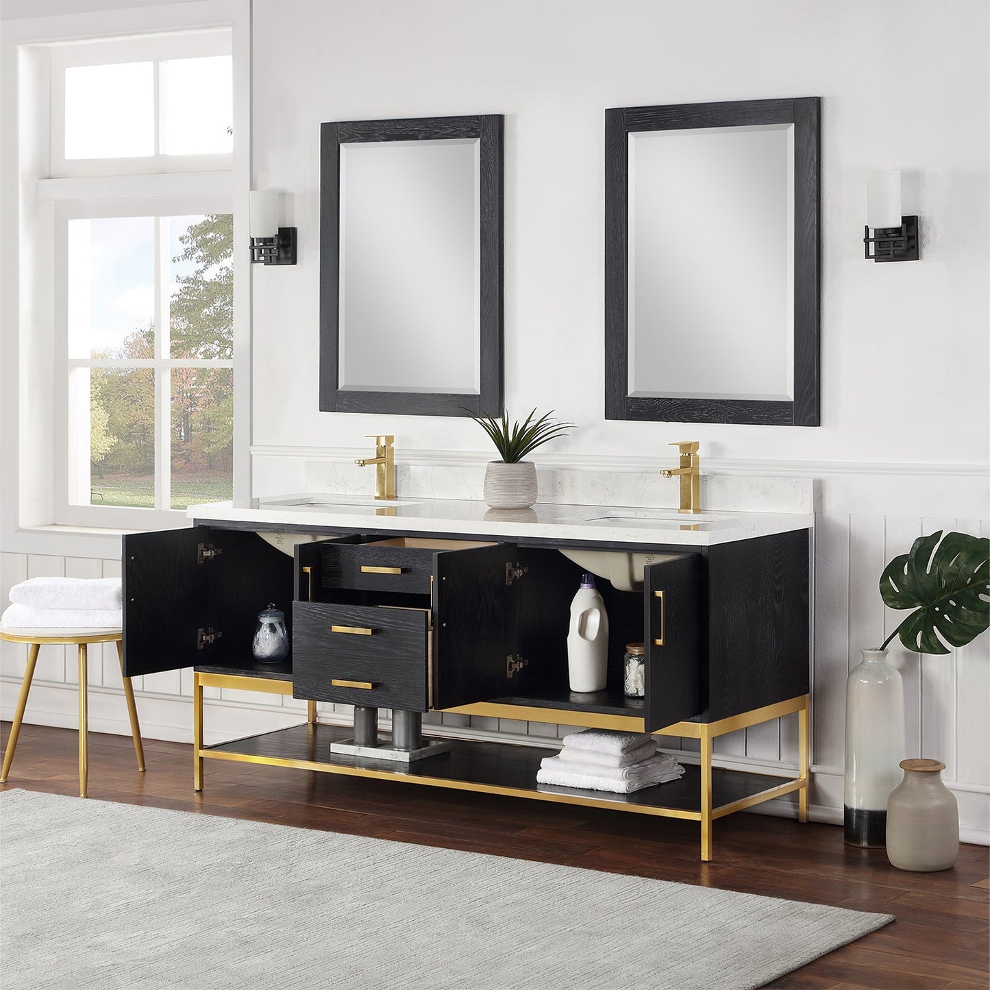 Wildy 72" Double Bathroom Vanity Set in Black Oak with Grain White Engineered Stone Countertop with Mirror
