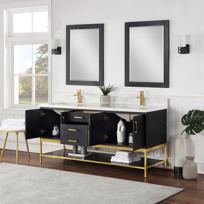 Wildy 72" Double Bathroom Vanity Set in Black Oak with Grain White Engineered Stone Countertop with Mirror