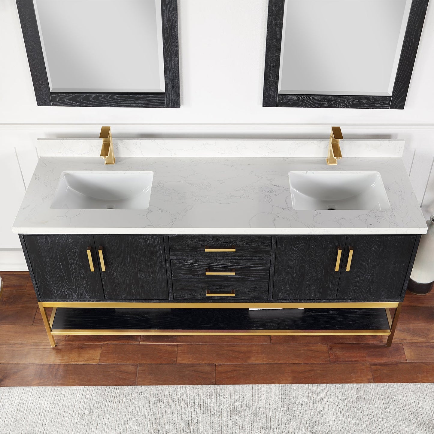 Wildy 72" Double Bathroom Vanity Set in Black Oak with Grain White Engineered Stone Countertop with Mirror