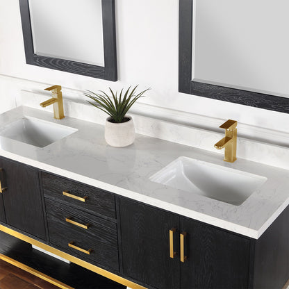 Wildy 72" Double Bathroom Vanity Set in Black Oak with Grain White Engineered Stone Countertop with Mirror