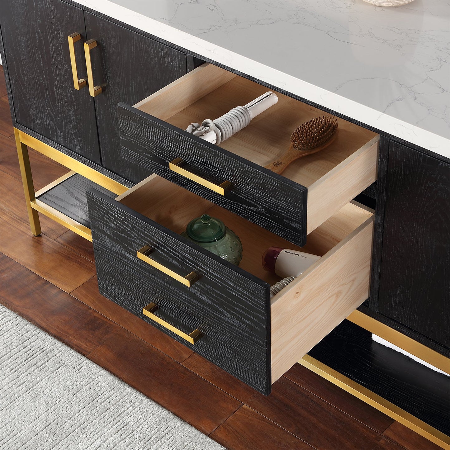 Wildy 72" Double Bathroom Vanity Set in Black Oak with Grain White Engineered Stone Countertop with Mirror