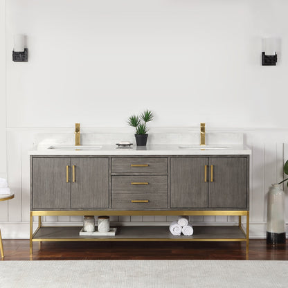 Wildy 72" Double Bathroom Vanity Set in Classical Grey with Grain White Engineered Stone Countertop without Mirror