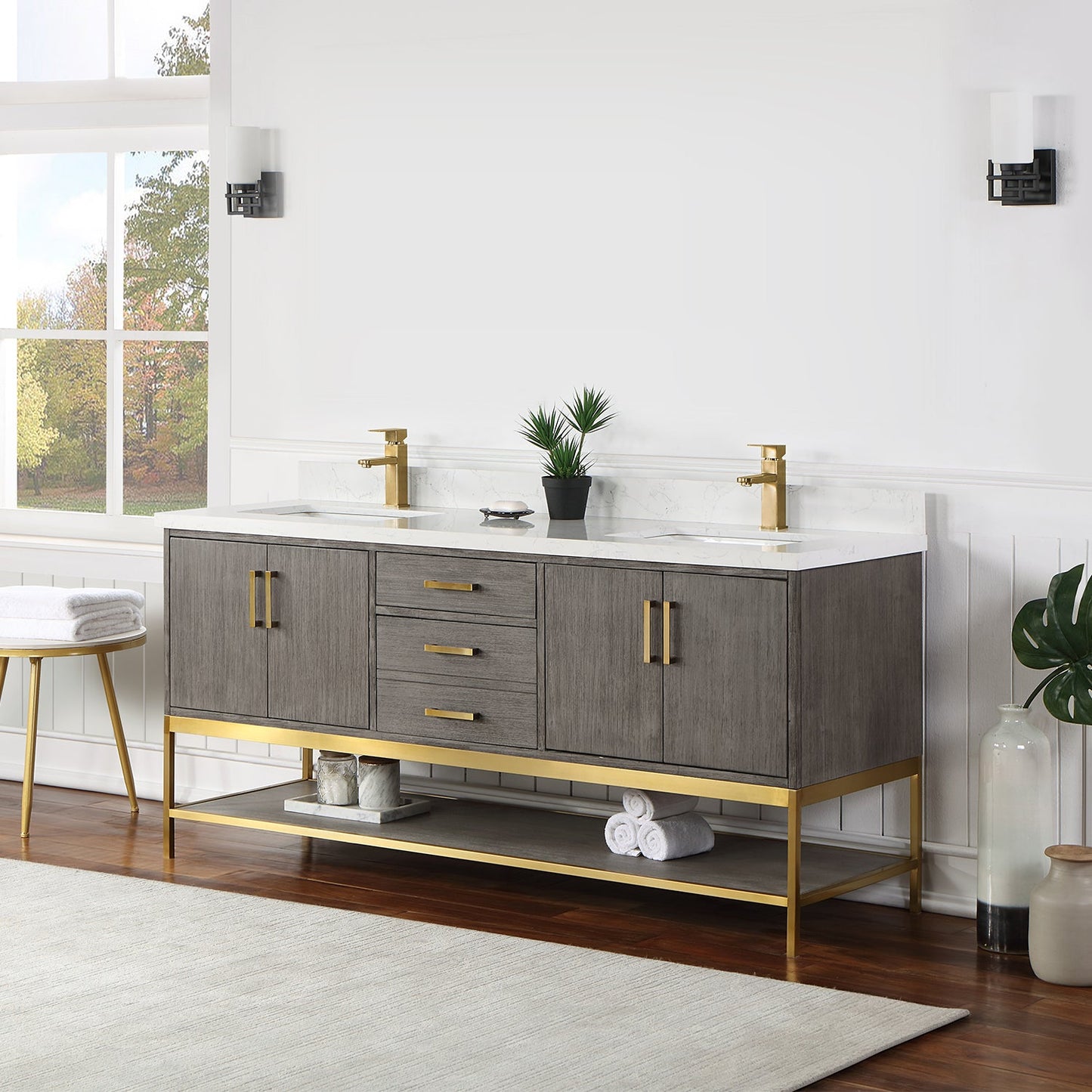 Wildy 72" Double Bathroom Vanity Set in Classical Grey with Grain White Engineered Stone Countertop without Mirror