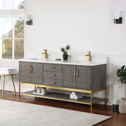 Wildy 72" Double Bathroom Vanity Set in Classical Grey with Grain White Engineered Stone Countertop without Mirror