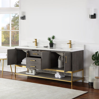 Wildy 72" Double Bathroom Vanity Set in Classical Grey with Grain White Engineered Stone Countertop without Mirror