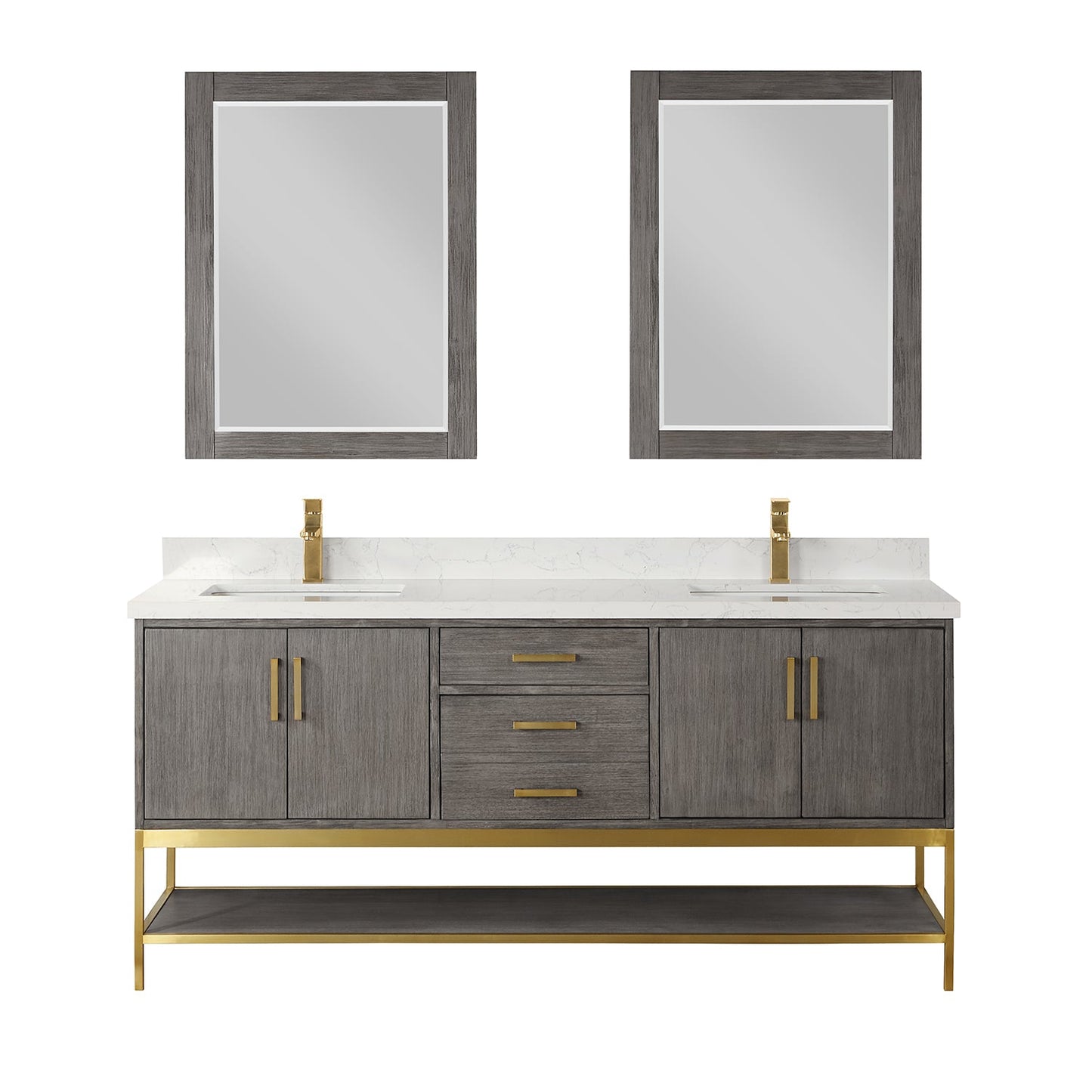 Wildy 72" Double Bathroom Vanity Set in Classical Grey with Grain White Engineered Stone Countertop with Mirror