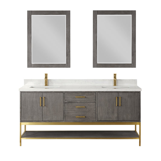Wildy 72" Double Bathroom Vanity Set in Classical Grey with Grain White Engineered Stone Countertop with Mirror