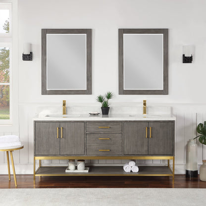 Wildy 72" Double Bathroom Vanity Set in Classical Grey with Grain White Engineered Stone Countertop with Mirror