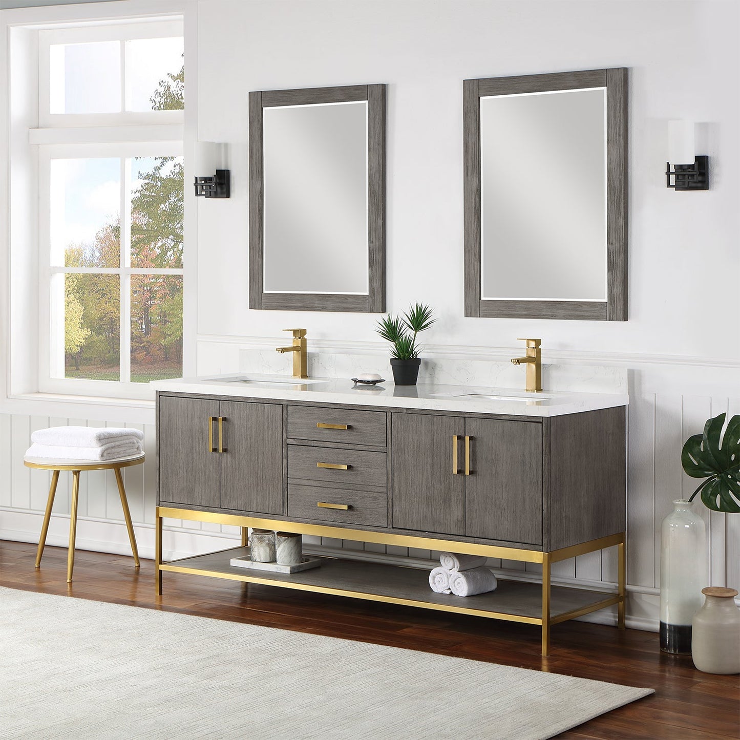 Wildy 72" Double Bathroom Vanity Set in Classical Grey with Grain White Engineered Stone Countertop with Mirror
