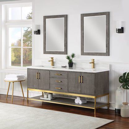 Wildy 72" Double Bathroom Vanity Set in Classical Grey with Grain White Engineered Stone Countertop with Mirror