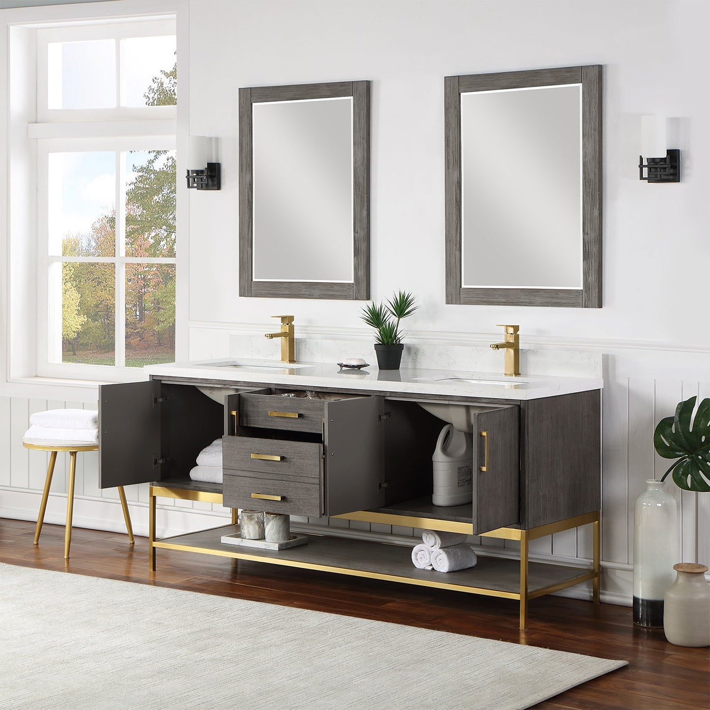 Wildy 72" Double Bathroom Vanity Set in Classical Grey with Grain White Engineered Stone Countertop with Mirror