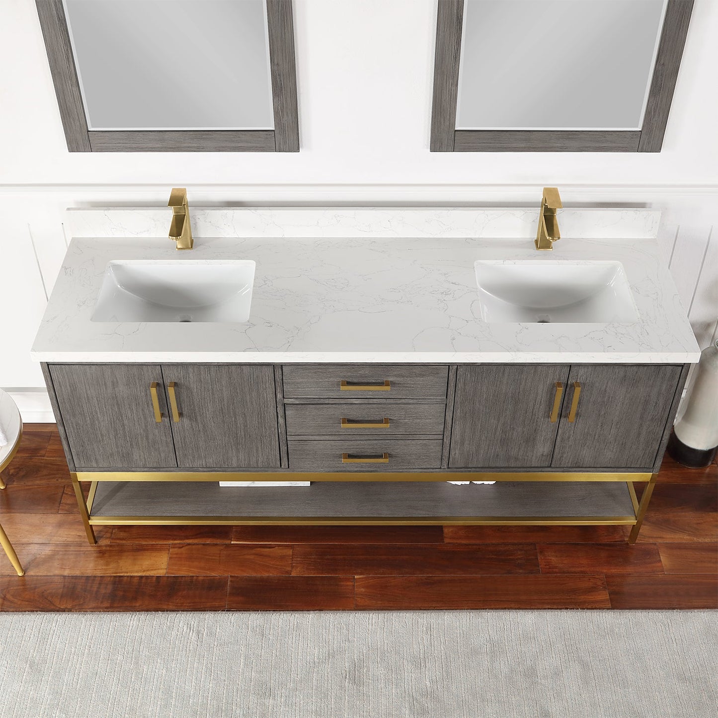 Wildy 72" Double Bathroom Vanity Set in Classical Grey with Grain White Engineered Stone Countertop with Mirror
