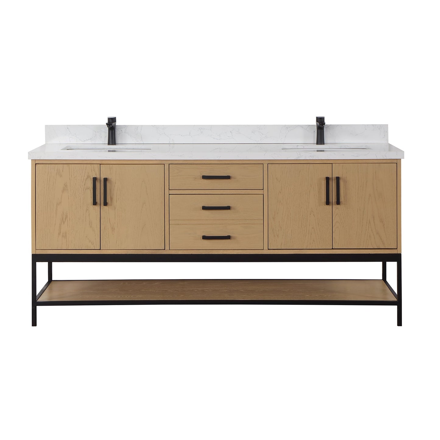 Wildy 72" Double Bathroom Vanity Set in Washed Oak with Grain White Engineered Stone Countertop without Mirror