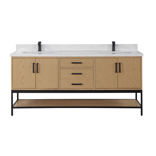 Wildy 72" Double Bathroom Vanity Set in Washed Oak with Grain White Engineered Stone Countertop without Mirror