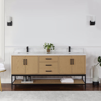 Wildy 72" Double Bathroom Vanity Set in Washed Oak with Grain White Engineered Stone Countertop without Mirror