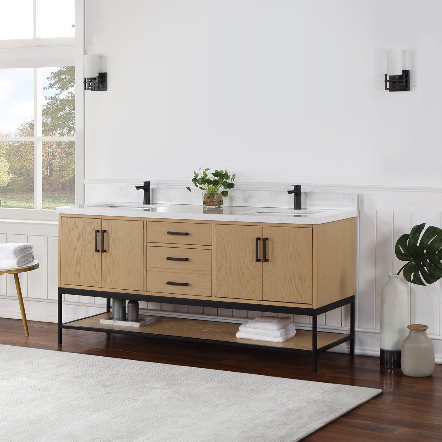 Wildy 72" Double Bathroom Vanity Set in Washed Oak with Grain White Engineered Stone Countertop without Mirror