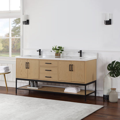 Wildy 72" Double Bathroom Vanity Set in Washed Oak with Grain White Engineered Stone Countertop without Mirror