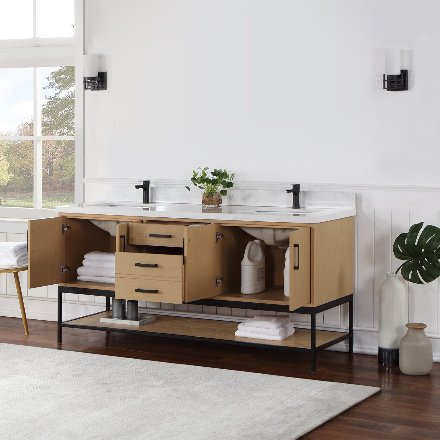 Wildy 72" Double Bathroom Vanity Set in Washed Oak with Grain White Engineered Stone Countertop without Mirror