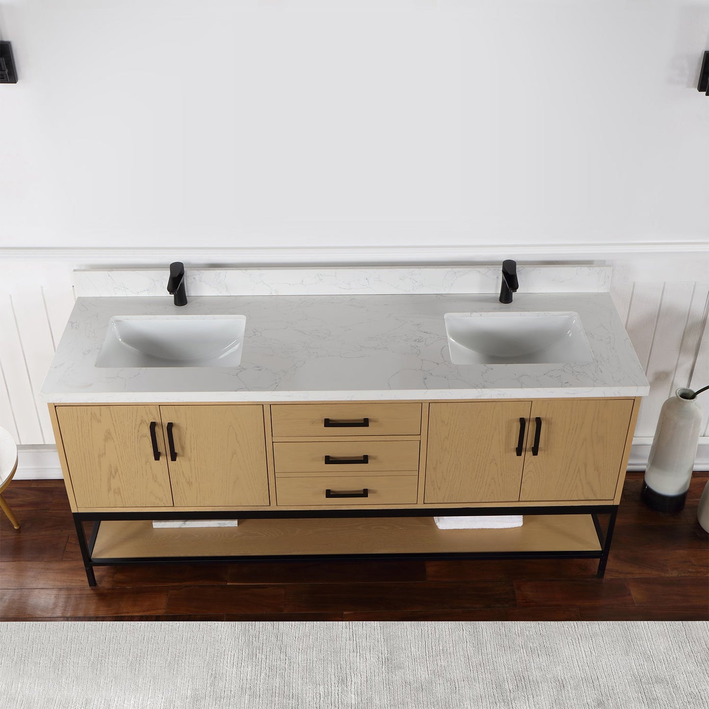 Wildy 72" Double Bathroom Vanity Set in Washed Oak with Grain White Engineered Stone Countertop without Mirror