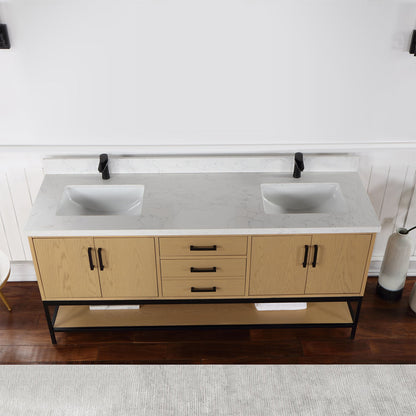 Wildy 72" Double Bathroom Vanity Set in Washed Oak with Grain White Engineered Stone Countertop without Mirror