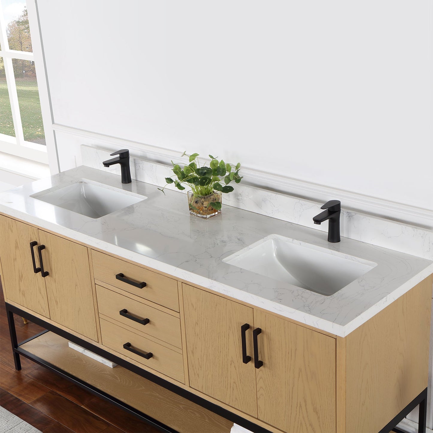 Wildy 72" Double Bathroom Vanity Set in Washed Oak with Grain White Engineered Stone Countertop without Mirror