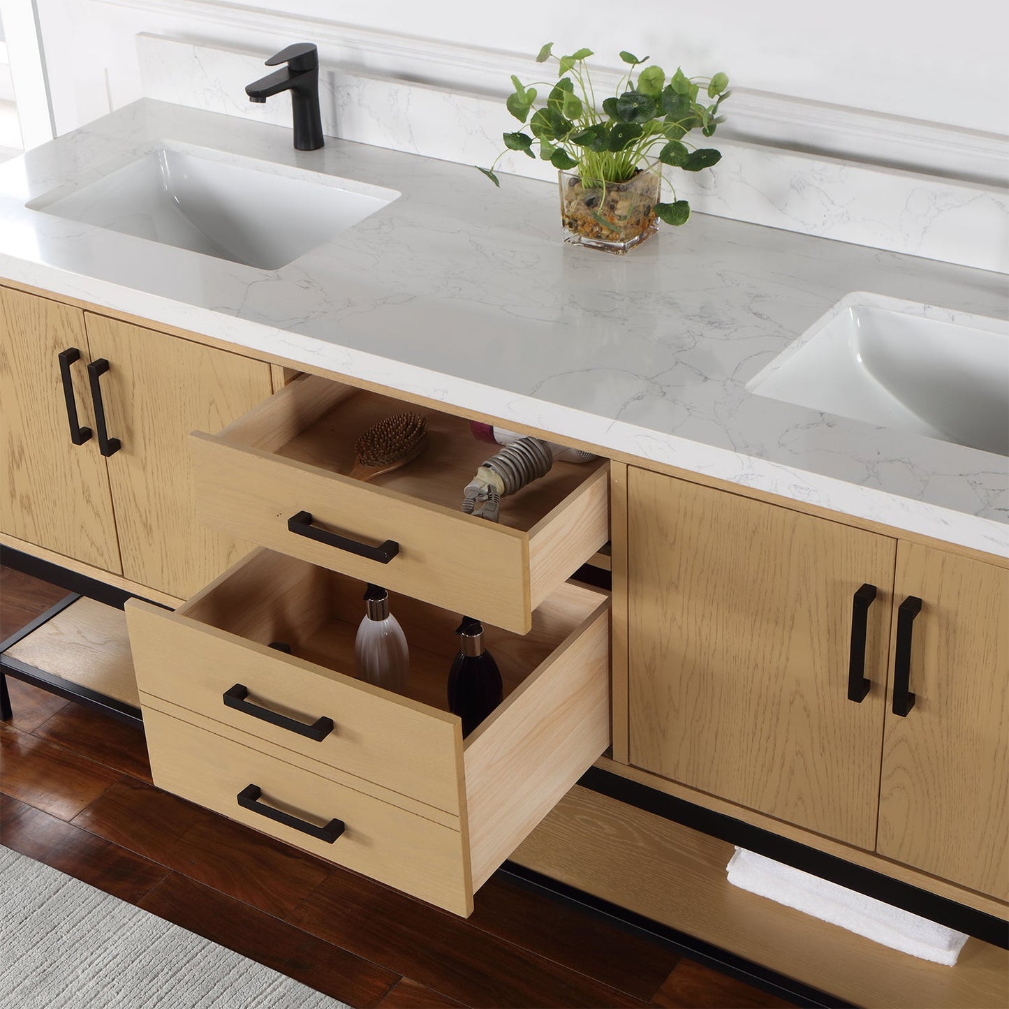 Wildy 72" Double Bathroom Vanity Set in Washed Oak with Grain White Engineered Stone Countertop without Mirror