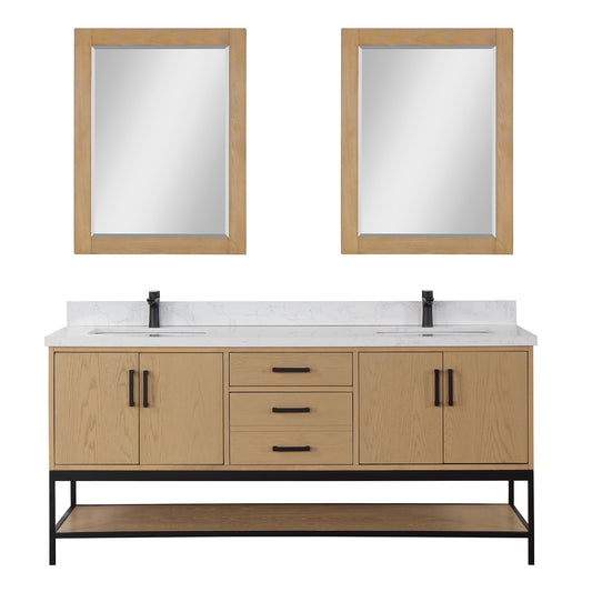 Wildy 72" Double Bathroom Vanity Set in Washed Oak with Grain White Engineered Stone Countertop with Mirror