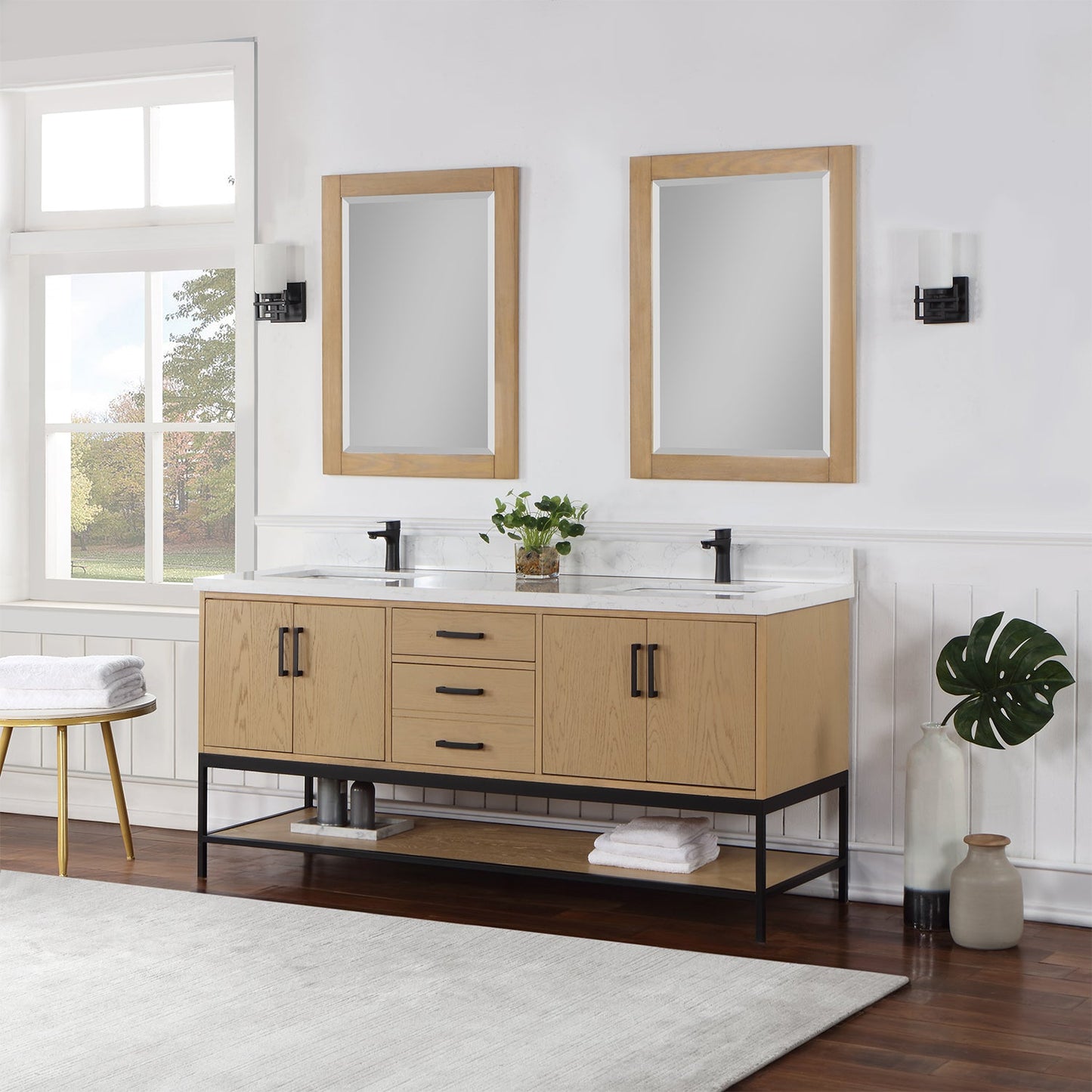 Wildy 72" Double Bathroom Vanity Set in Washed Oak with Grain White Engineered Stone Countertop with Mirror