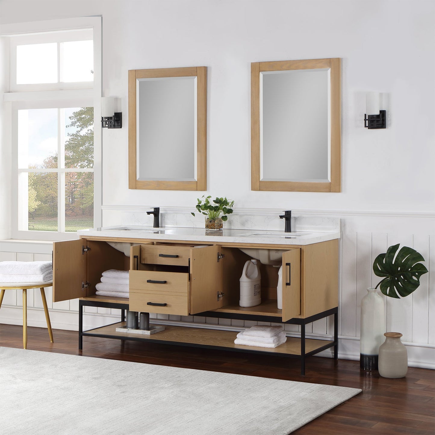 Wildy 72" Double Bathroom Vanity Set in Washed Oak with Grain White Engineered Stone Countertop with Mirror