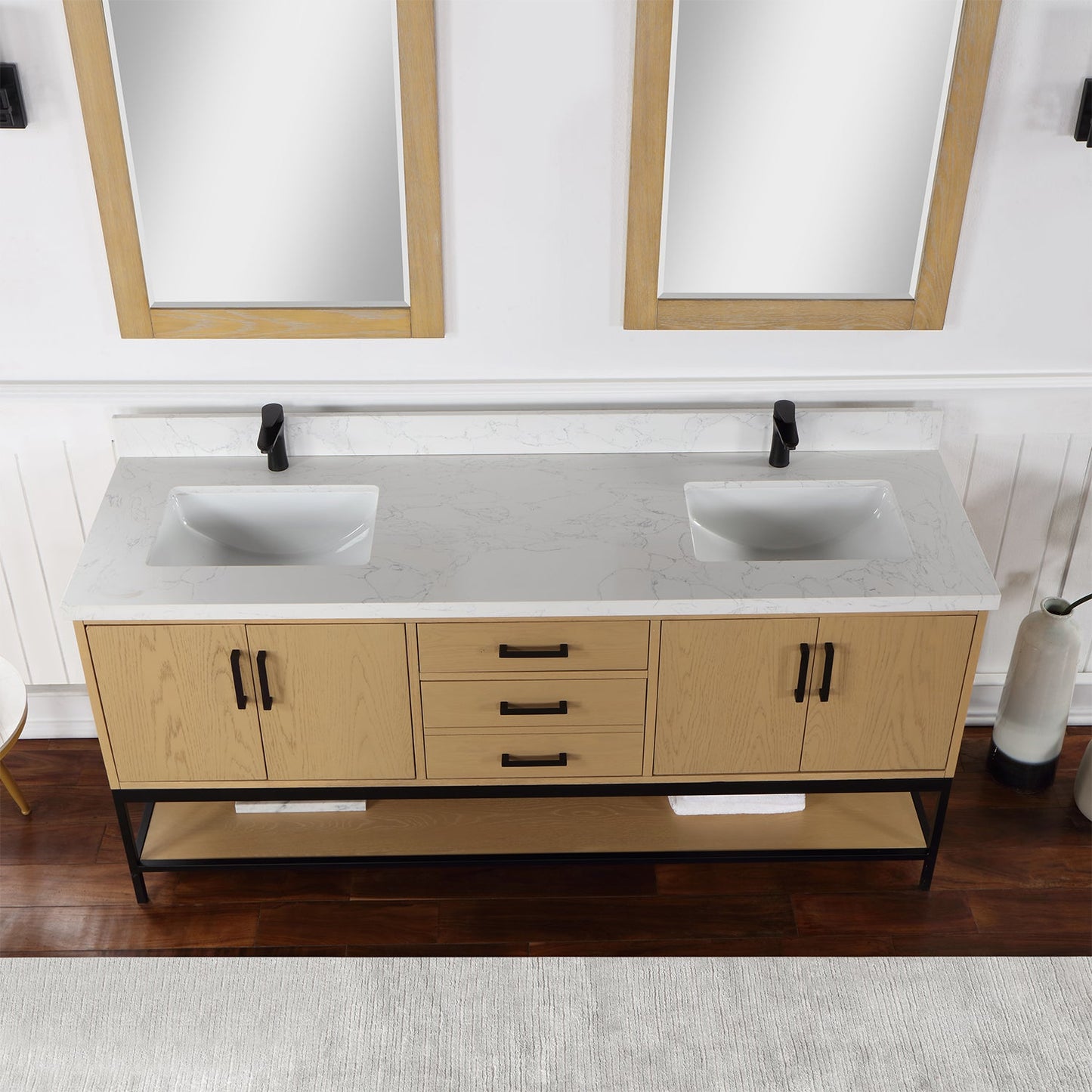 Wildy 72" Double Bathroom Vanity Set in Washed Oak with Grain White Engineered Stone Countertop with Mirror