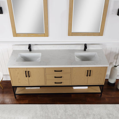 Wildy 72" Double Bathroom Vanity Set in Washed Oak with Grain White Engineered Stone Countertop with Mirror