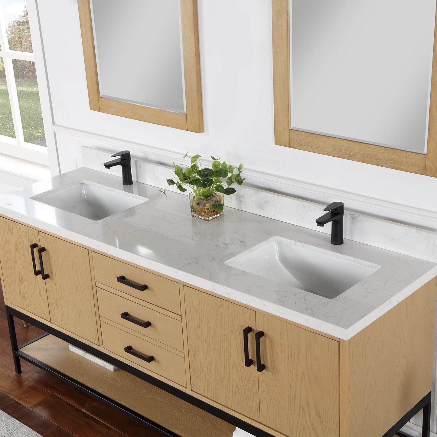 Wildy 72" Double Bathroom Vanity Set in Washed Oak with Grain White Engineered Stone Countertop with Mirror