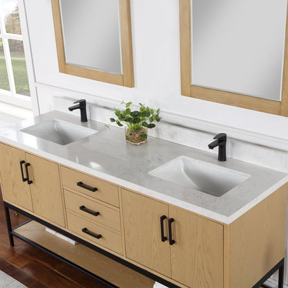 Wildy 72" Double Bathroom Vanity Set in Washed Oak with Grain White Engineered Stone Countertop with Mirror