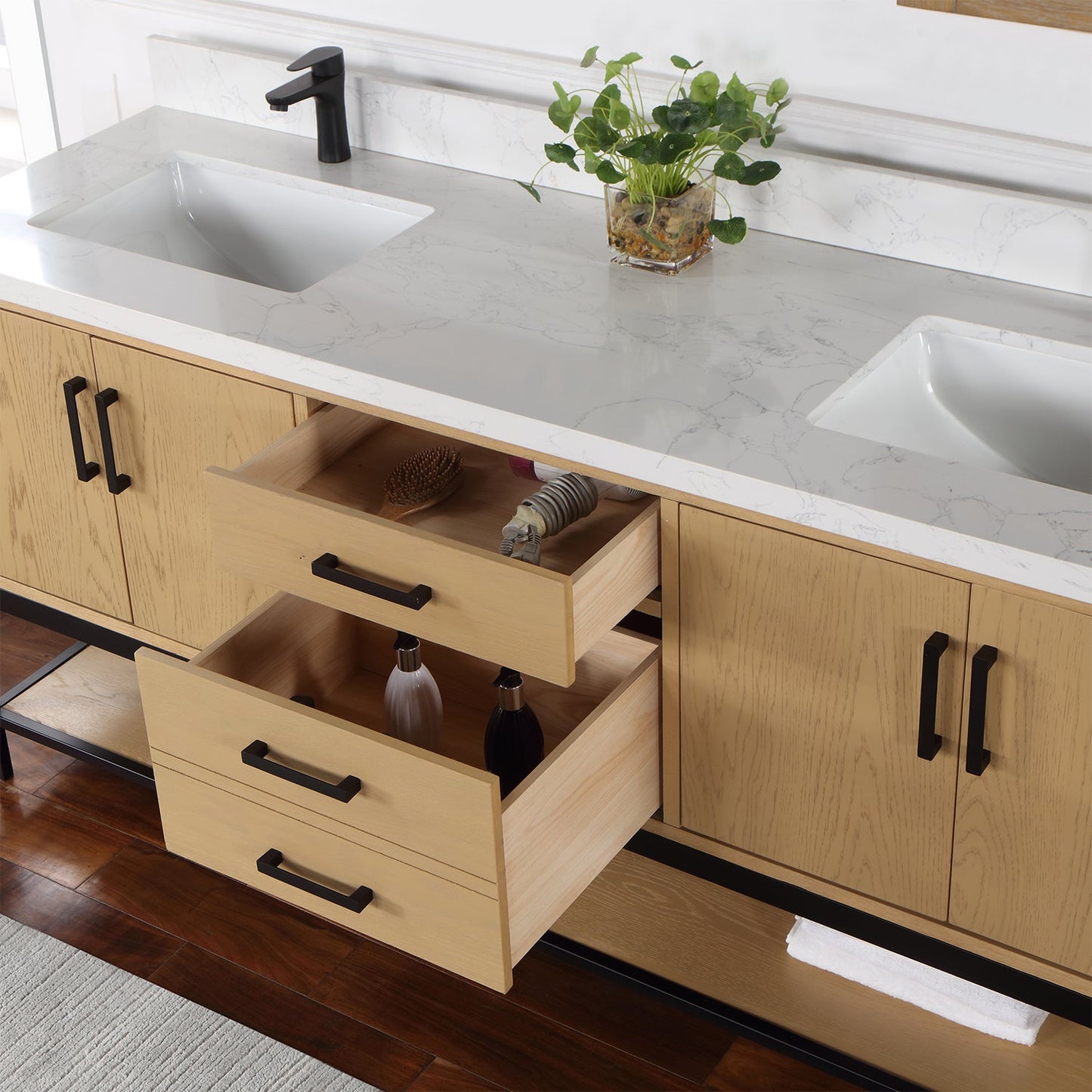 Wildy 72" Double Bathroom Vanity Set in Washed Oak with Grain White Engineered Stone Countertop with Mirror