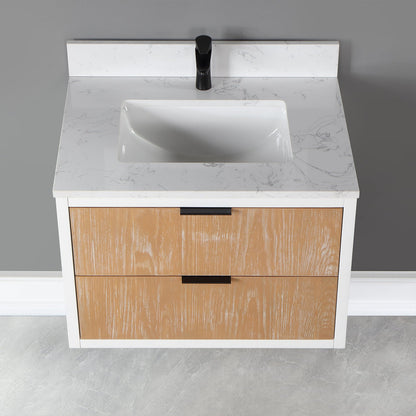 Dione 30" Single Bathroom Vanity in Weathered Pine with Aosta White Engineered Stone Countertop without Mirror