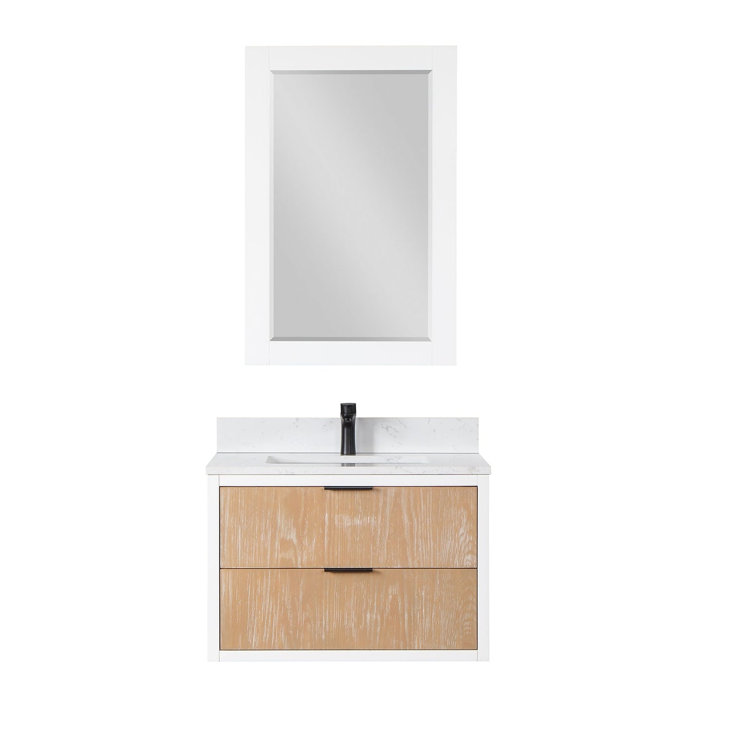 Dione 30" Single Bathroom Vanity in Weathered Pine with Aosta White Engineered Stone Countertop with Mirror