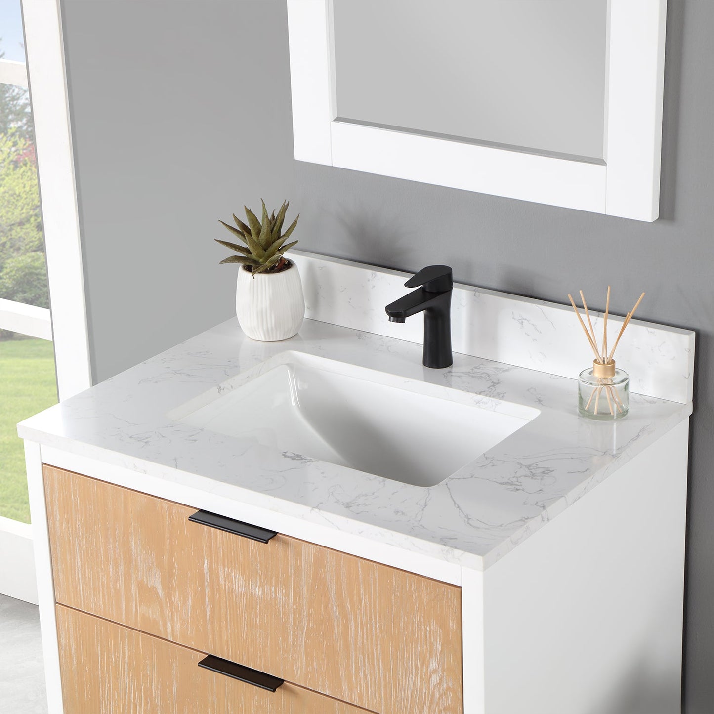 Dione 30" Single Bathroom Vanity in Weathered Pine with Aosta White Engineered Stone Countertop with Mirror