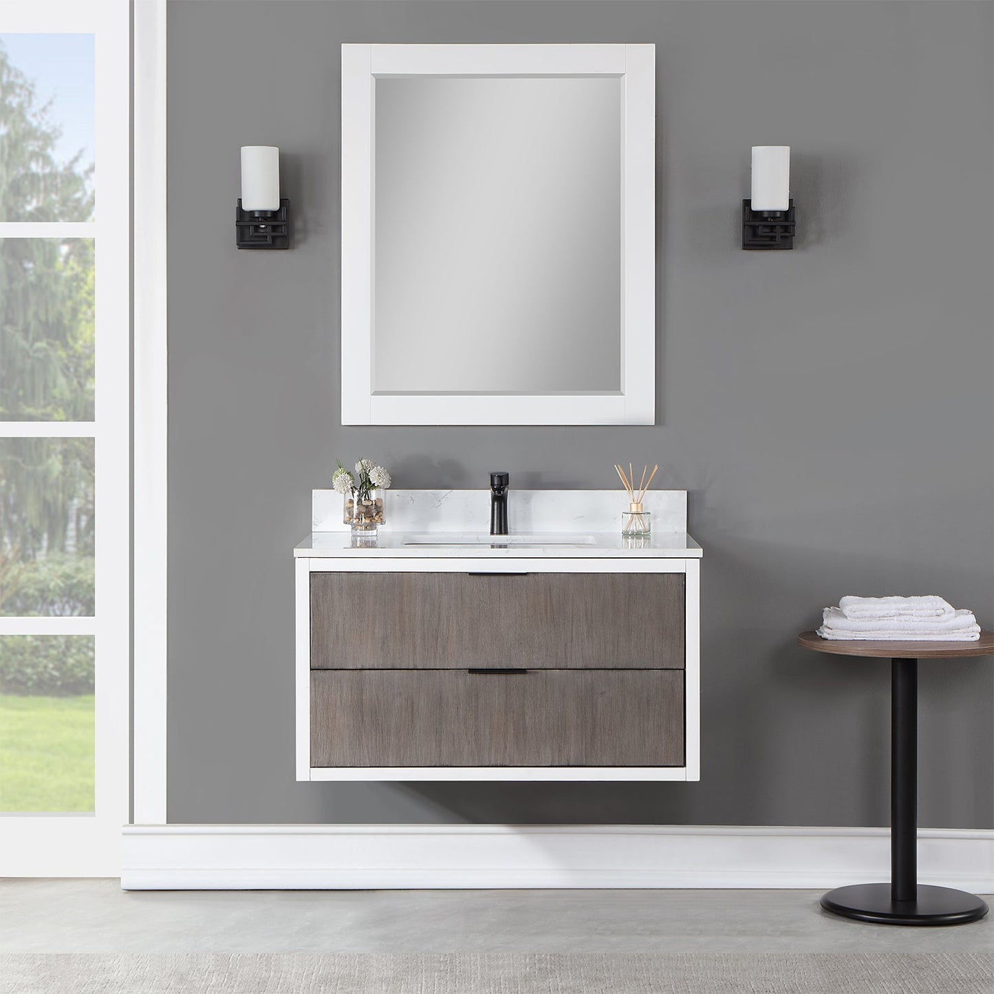 Dione 36" Single Bathroom Vanity in Classical Gray with Aosta White Engineered Stone Countertop with Mirror